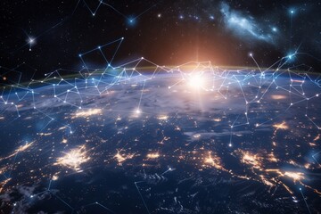 A starry night sky with a planet in the middle. The planet is surrounded by a network of lines, which represent the connections between different points in space