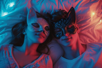 Lovers couple wearing black and white cat masks lie on bed, evoking mysterious and intimate atmosphere, role play adult sexual game concept, top view