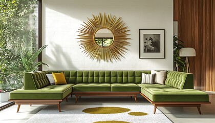 Mid-century modern living room with a moss green sectional and sunburst gold mirror