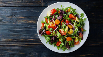 Lettuce, tomato, onion and mozzarella cheese salad with oil and spices on a white plate on a dark wooden surface