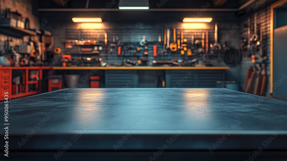 Poster a garage with tools and a table with a black surface