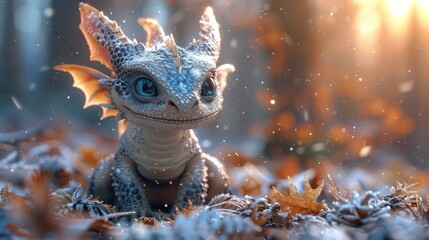 Obraz premium Winter Wonderland: Adorable Baby Dragon in Festive Forest Scene