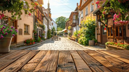 Fototapeta premium A charming cobblestone street lined with colorful houses and lush flower pots, perfect for a serene getaway or photo opportunity.