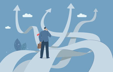 Business decisions or choices, Finding the right direction, Business opportunities or paths to success, Using vision to decide the path ahead, Businessman are choosing a business path. Vector.