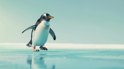 Obraz premium A charming penguin waddles gracefully across icy terrain under a bright sky, showcasing the beauty of nature in the Arctic.