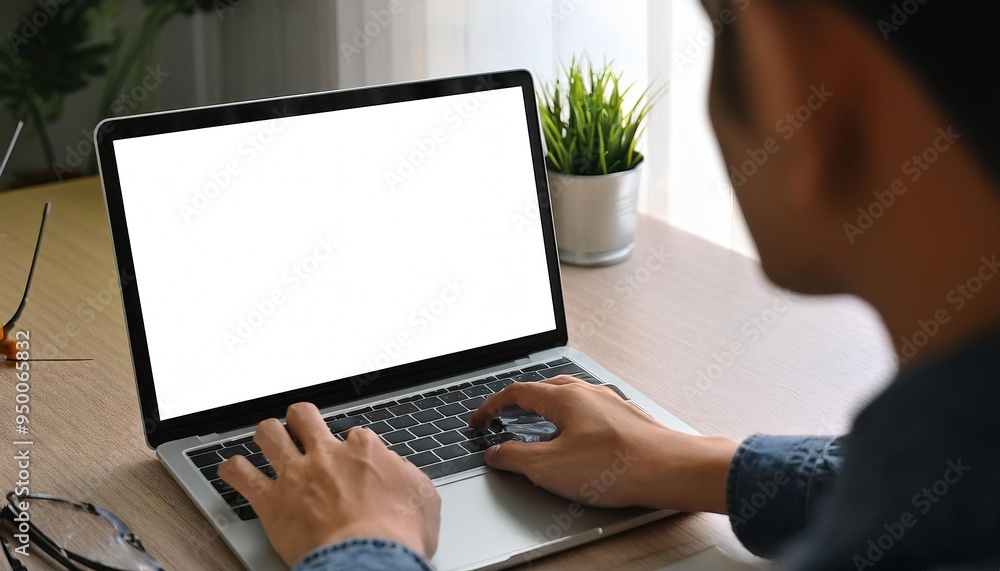 Wall mural over shoulder shot of a young man using computer laptop in front of an blank white computer screen i