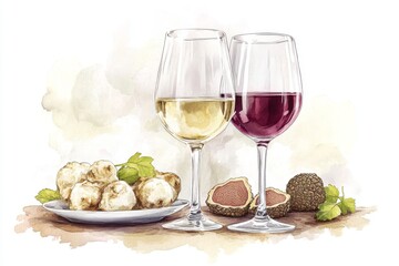 an elegant wine and white truffle pairing event at a white truffle festival, featuring wine glasses and gourmet food on a stylish table.