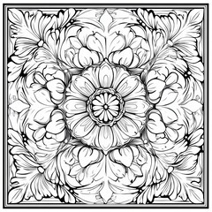 Exquisite Floral Mandala Featuring Symmetrical Blooms in Detailed Line Art