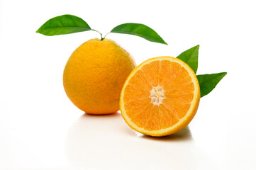Orange slice isolate. Orange fruit slices with leaves on white background.