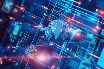 A computer screen with a blue background and a red and green globe. The globe is surrounded by a network of lines and dots. Concept of technology and interconnectedness