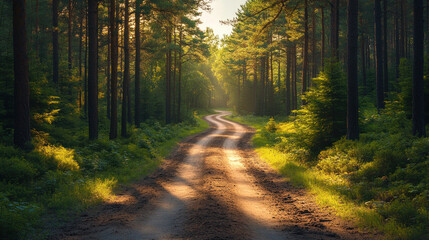 Obraz premium Spring roads with fresh green growth in the pine forests, symbolizing renewal and nature awakening.