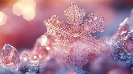 A delicate ice crystal snowflake resting on shimmering pink ice, offering a stunning winter wonderland visual in soft focus.