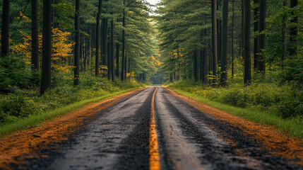 Obraz premium Summer roads surrounded by lush, vibrant pines, representing adventure and outdoor exploration.