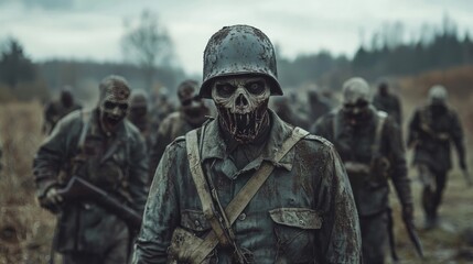 Fototapeta premium An alternate history where zombies fought in War, with undead soldiers in tattered uniforms marching through battlefields