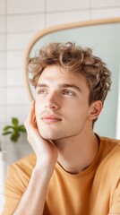 A young man applying moisturizer in front of a mirror, capturing his morning skincare routine in a brightly lit bathroom