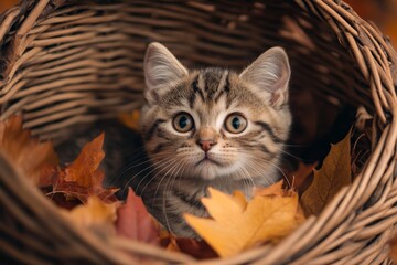 close-up of a young colored cat in a basket with autumn leaves