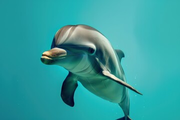 A playful dolphin swimming gracefully in clear blue water, showcasing its sleek body and joyful nature.