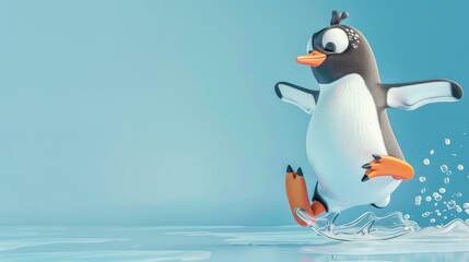 Fototapeta premium A playful penguin sliding on ice, creating splashes while enjoying the winter atmosphere and showcasing its cheerful spirit.