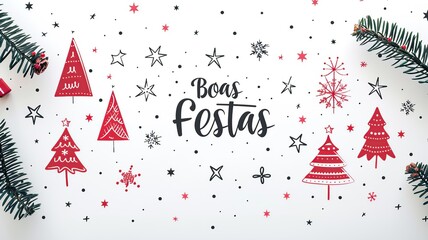 This eye-catching holiday card features "Boas Festas" in an artistic brushstroke font, surrounded by festive geometric patterns and bright colors on a lovely gradient background.
