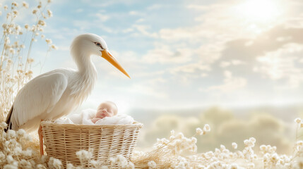 The stork brought a newborn baby to his parents. Newborn baby in a basket, a stork stands nearby. © preto_perola
