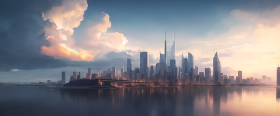 Naklejka premium 雨上がりのような光が注ぐ大都市の風景