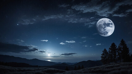 A serene nighttime landscape featuring the bright full moon over a quiet, wooded mountain range © janzwolinski