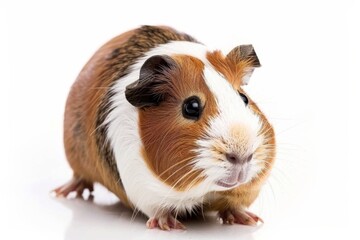 A brown and white guinea pig is standing on a white background. The guinea pig has a curious expression on its face