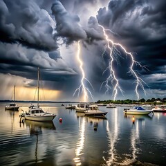 Dramatic rainstorm and lighting bombard the lake at golden hour
