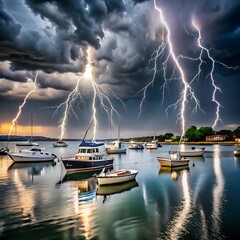 Dramatic rainstorm and lighting bombard the lake at golden hour