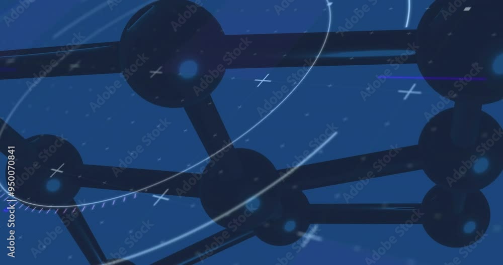 Poster animating molecular structure and data visualization over blue background
