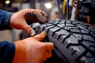 Hands installing tire on wheel in workshop