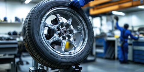 Close-up of tire installation at modern workshop