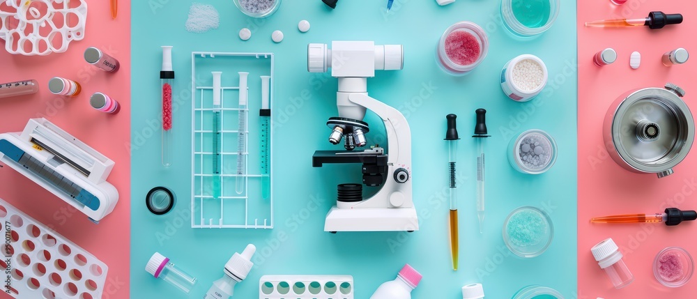Aufkleber a top view of a laboratory workspace featuring a microscope surrounded by various scientific tools a