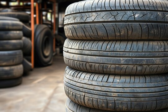 Stacked used car tires at a tire fitting service.