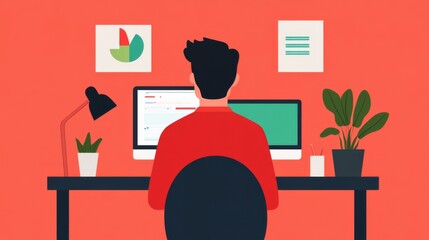 Flat illustration showing a man working at a computer in a home office setting, with plants and a minimalist design.