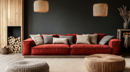 A midcentury modern interior photo of a residential living room with interior points using black walls and wood firewood and a red sofa contrasting with the wall. Generative AI
