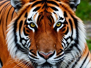 Obraz premium Close-up detail portrait of Sumatran tiger, Panthera tigris sumatrae, rare tiger subspecies that inhabits the Indonesian island of Sumatra.