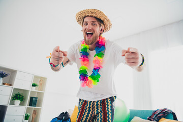 Photo of attractive young male point you enjoy summer vacation dressed sleepwear cozy day light...