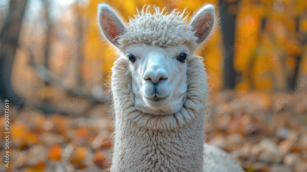 Wall mural Serene White Alpaca Grazing on a Lush Green Farm Landscape