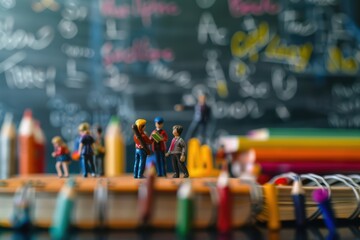 A vibrant scene of miniature figures standing in front of a chalkboard filled with colorful equations and concepts, symbolizing education.