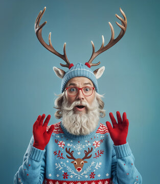 Hipster avec bois de renne et pull de no&euml;l, isol&eacute; sur fond bleu