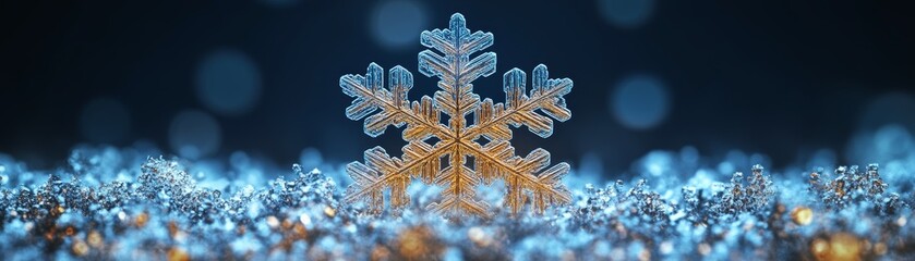A shimmering snowflake stands out against a sparkling blue background, evoking the magic of winter and the beauty of the season.
