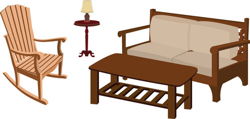 Wooden sofa and a rocking chair with a coffee or tea table and a table lamp vector illustration. drawing room furniture design isolated on white background