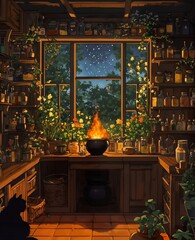 Magical Potion-Making in a Rustic Kitchen