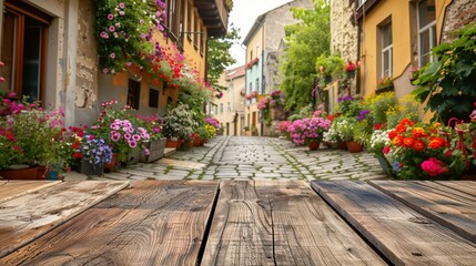 Naklejka premium Charming cobblestone street surrounded by vibrant flowers and colorful buildings, offering a serene atmosphere for leisurely strolls.