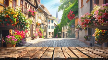 Fototapeta premium Charming cobblestone street with vibrant flowers and rustic buildings, creating a picturesque and inviting atmosphere.