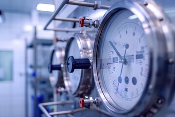 Close-up of industrial gauges displaying precise measurements in a modern facility setup for monitoring processes.