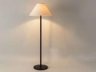 A contemporary floor lamp with a sleek black base and white shade, casting soft light, isolated on a white background.