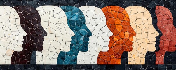 Colorful mosaic of diverse human profiles highlighting unity in diversity through art and design.