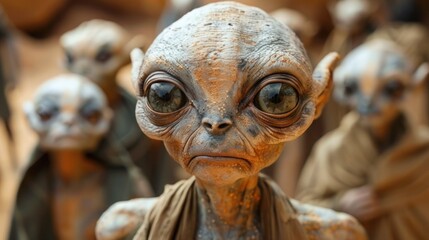 Alien Encounter: Hilarious Photorealistic Depiction of Extraterrestrial Group in Desert with Focus on Expressive Faces